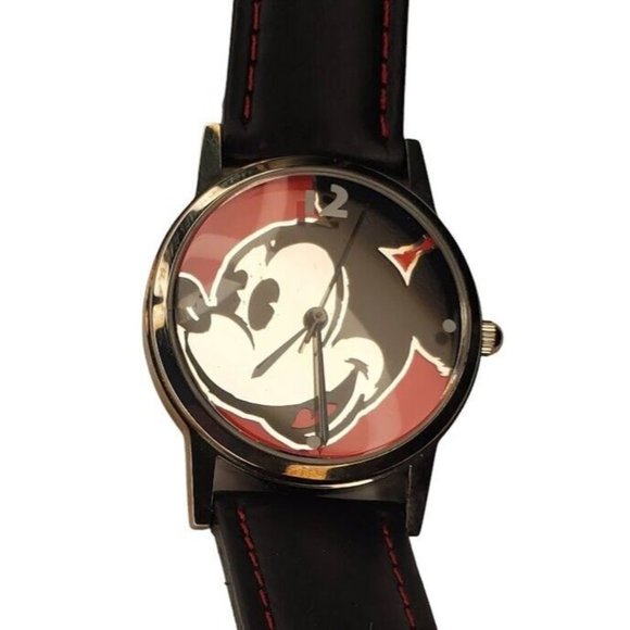 Disney Accessories - Mickey Mouse Disney Red Black Silver Face Watch Stitched 11200331 Time Works